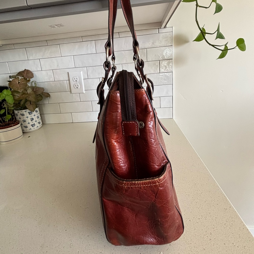 Vintage Fossil Large Brown Leather Business Laptop Tote Travel Purse Bag - Picture 2 of 11